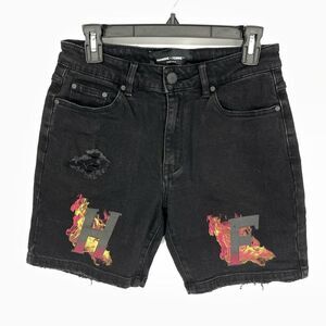 Homme + Femme NEW Distressed Flames Logo Jean Shorts Mens Sz 28 Black Stretch
